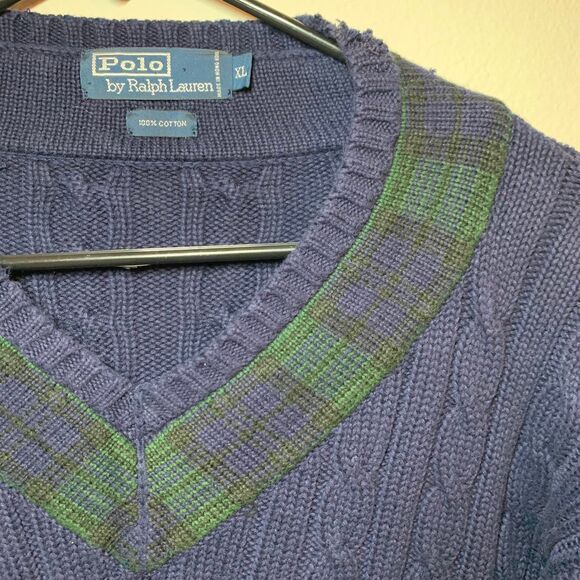 Polo Ralph Lauren Cable Knit Sweater Chunky V Neck Varsity Fisherman XL VTG 90s - Picture 2 of 7